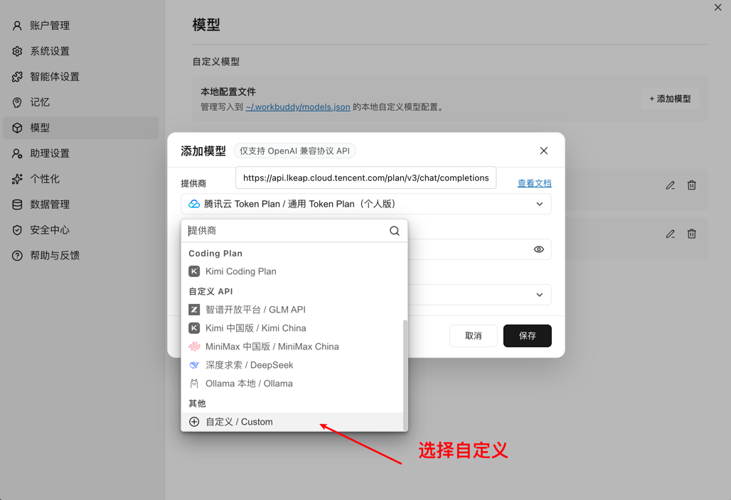WorkBuddy 选择自定义模型